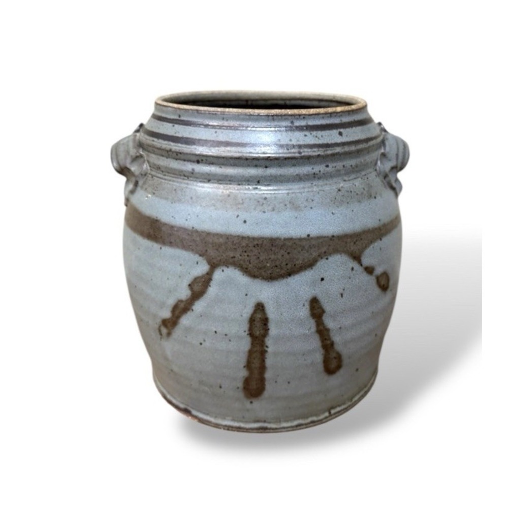 Studio Pottery Dark Gray Salt Glaze Double Handled Crock Confit Jar Signed Jug